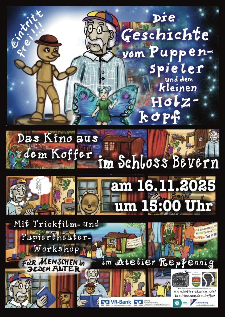 Das Kino aus dem Koffer mit der Geschichte vom Puppenspieler und dem kleinen Holzkopf am 16.11.2025